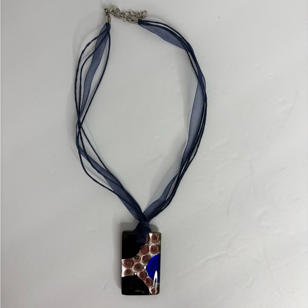 Fused Glass Blue and Black Pendant Necklace NWOT